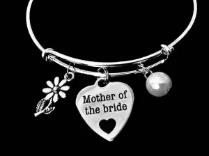 Mother of the Bride Jewelry Adjustable Bracelet Expandable Silver Charm Bangle Wedding One Size Fits All Gift