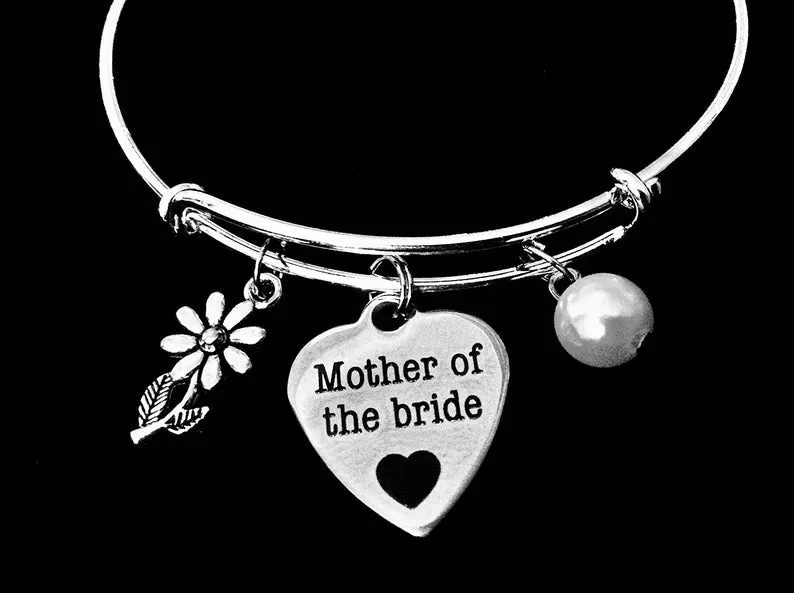 Mother of the Bride Jewelry Adjustable Bracelet Expandable Silver Charm Bangle Wedding One Size Fits All Gift