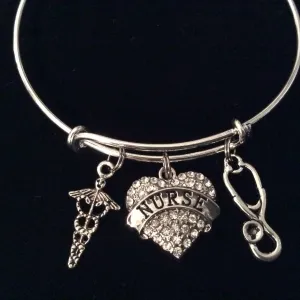 Nurse Crystal Heart Charm Expandable Silver Bracelet Adjustable Wire Bangle Stethoscope Caduceus