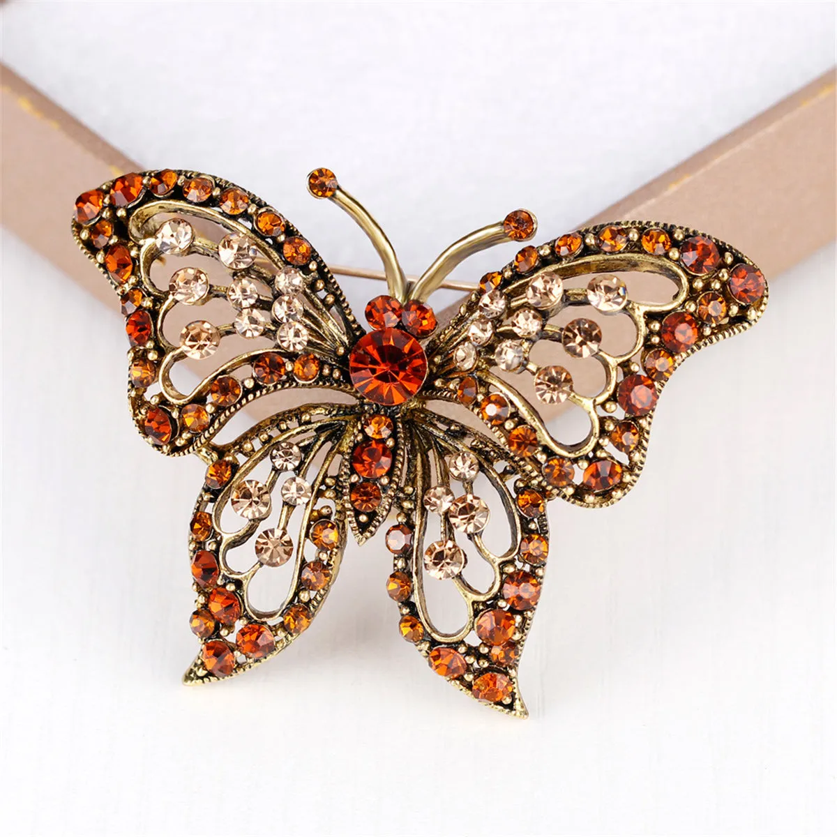 Orange Cubic Zirconia & 18K Gold-Plated Butterfly Brooch