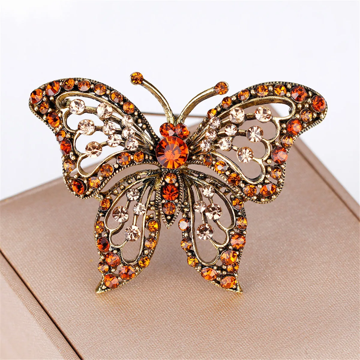 Orange Cubic Zirconia & 18K Gold-Plated Butterfly Brooch