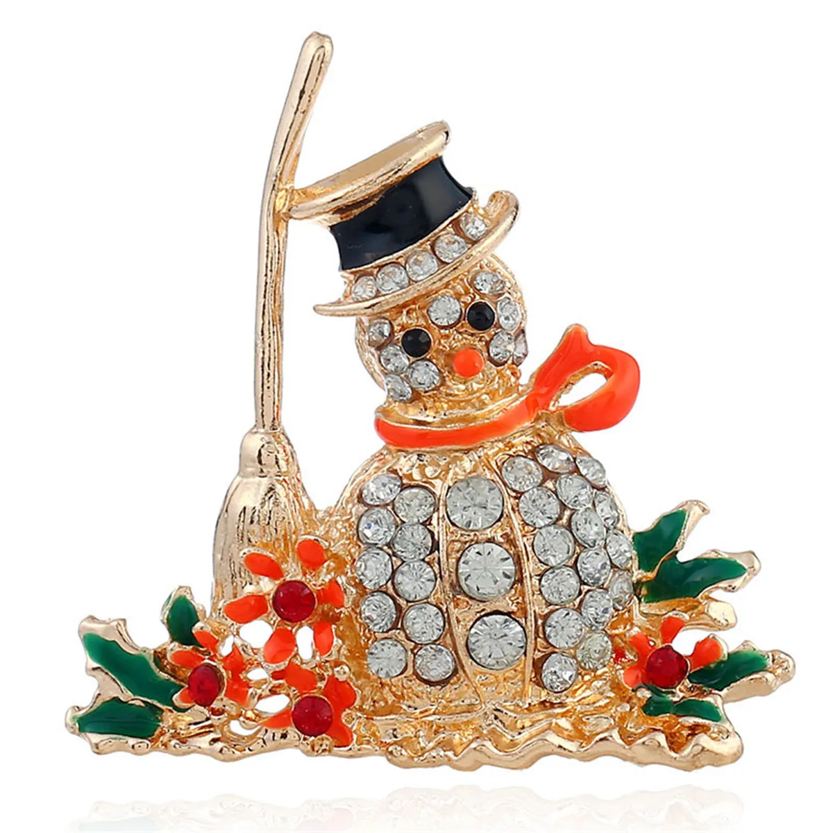 Orange Enamel & Cubic Zirconia Broom Snowman Brooch