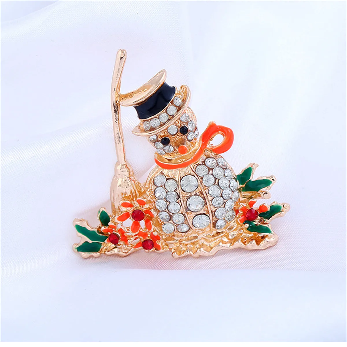Orange Enamel & Cubic Zirconia Broom Snowman Brooch
