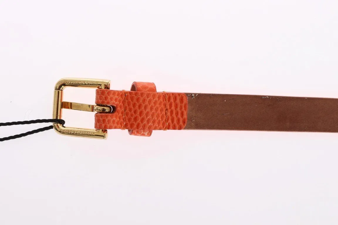 Orange Snakeskin Gold Buckle Logo Waist Belt