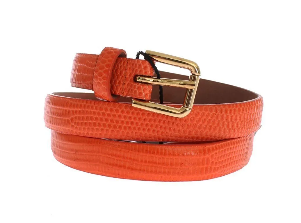 Orange Snakeskin Gold Buckle Logo Waist Belt