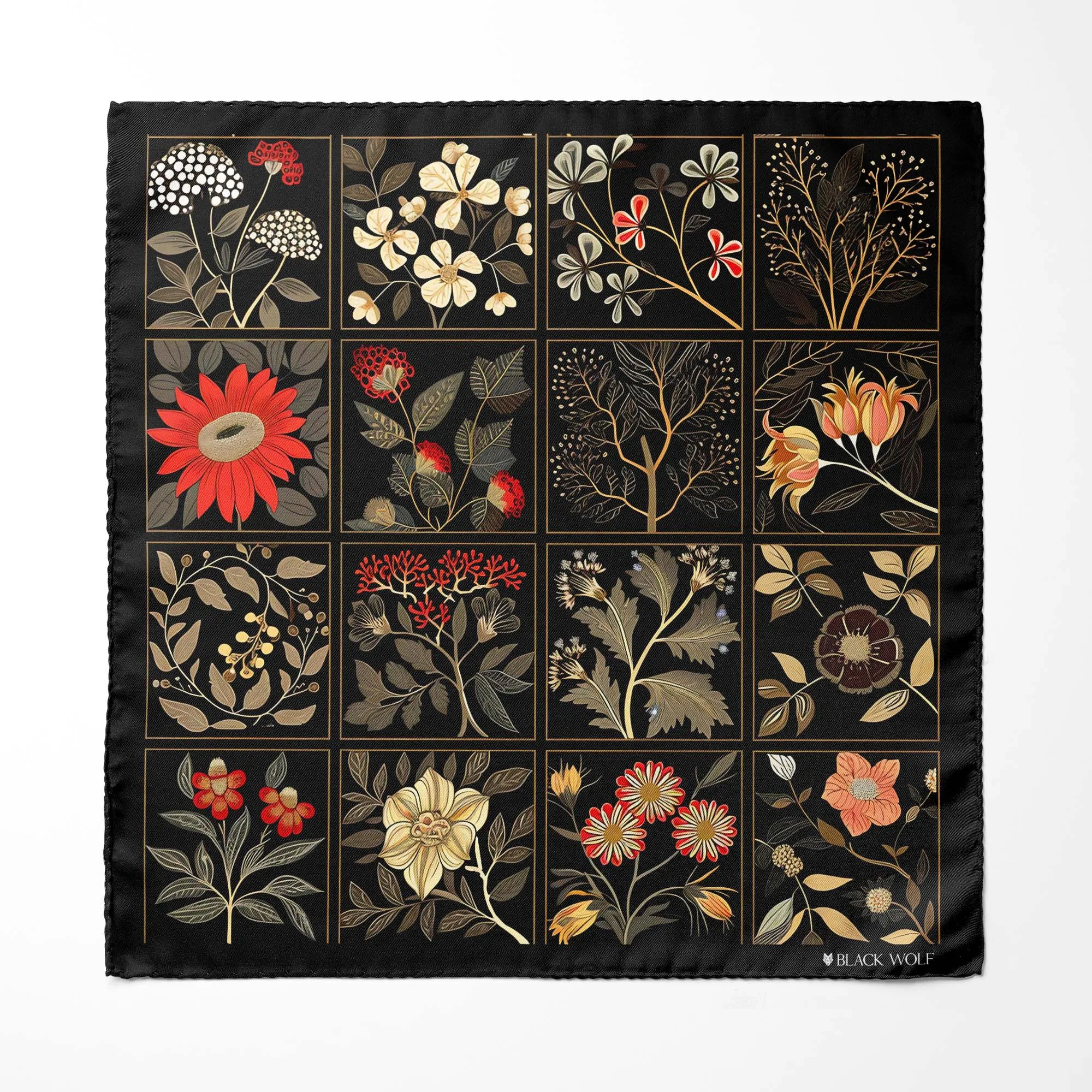 ORGANIC DARK FLORAL SILK ASCOT WITH LAPEL PIN AND POCKET SQUARE