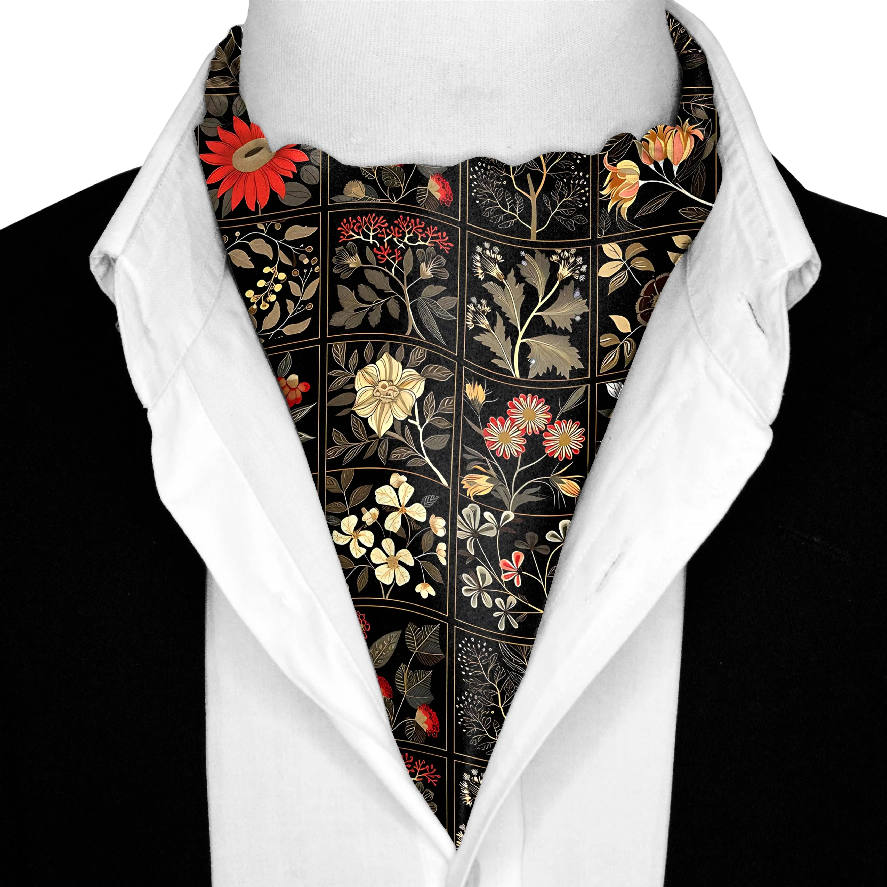 ORGANIC DARK FLORAL SILK ASCOT WITH LAPEL PIN AND POCKET SQUARE