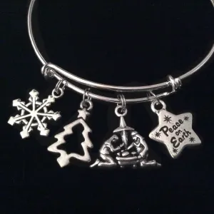 Peace on Earth Nativity Silver Expandable Charm Bracelet Christmas Adjustable Bangle Gift