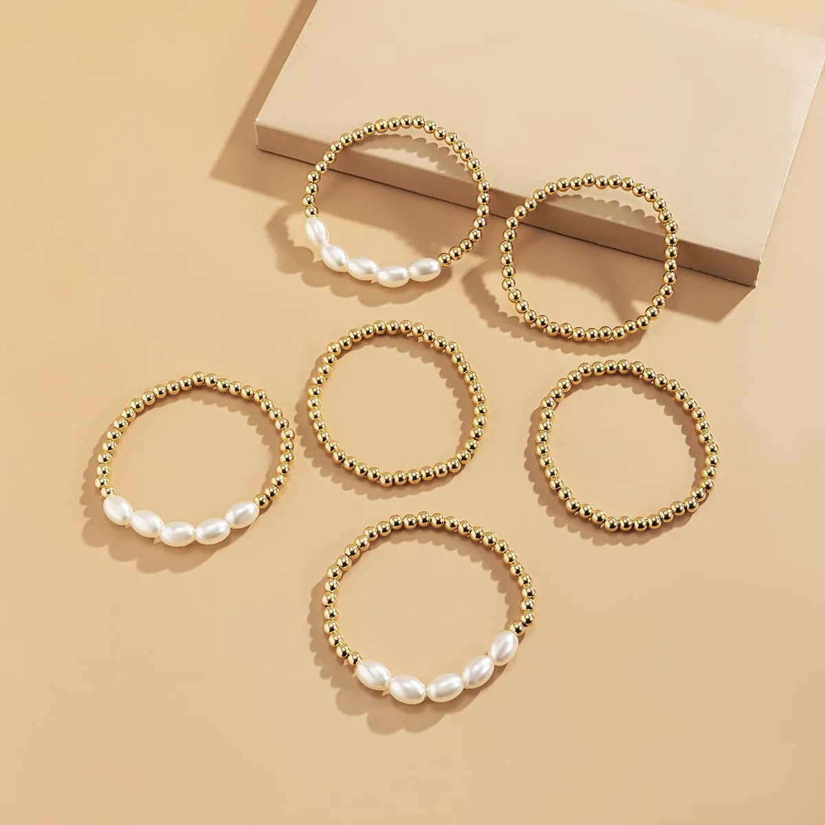 Pearl & 18K Gold Plated Beaded Stretch Bracelet Set