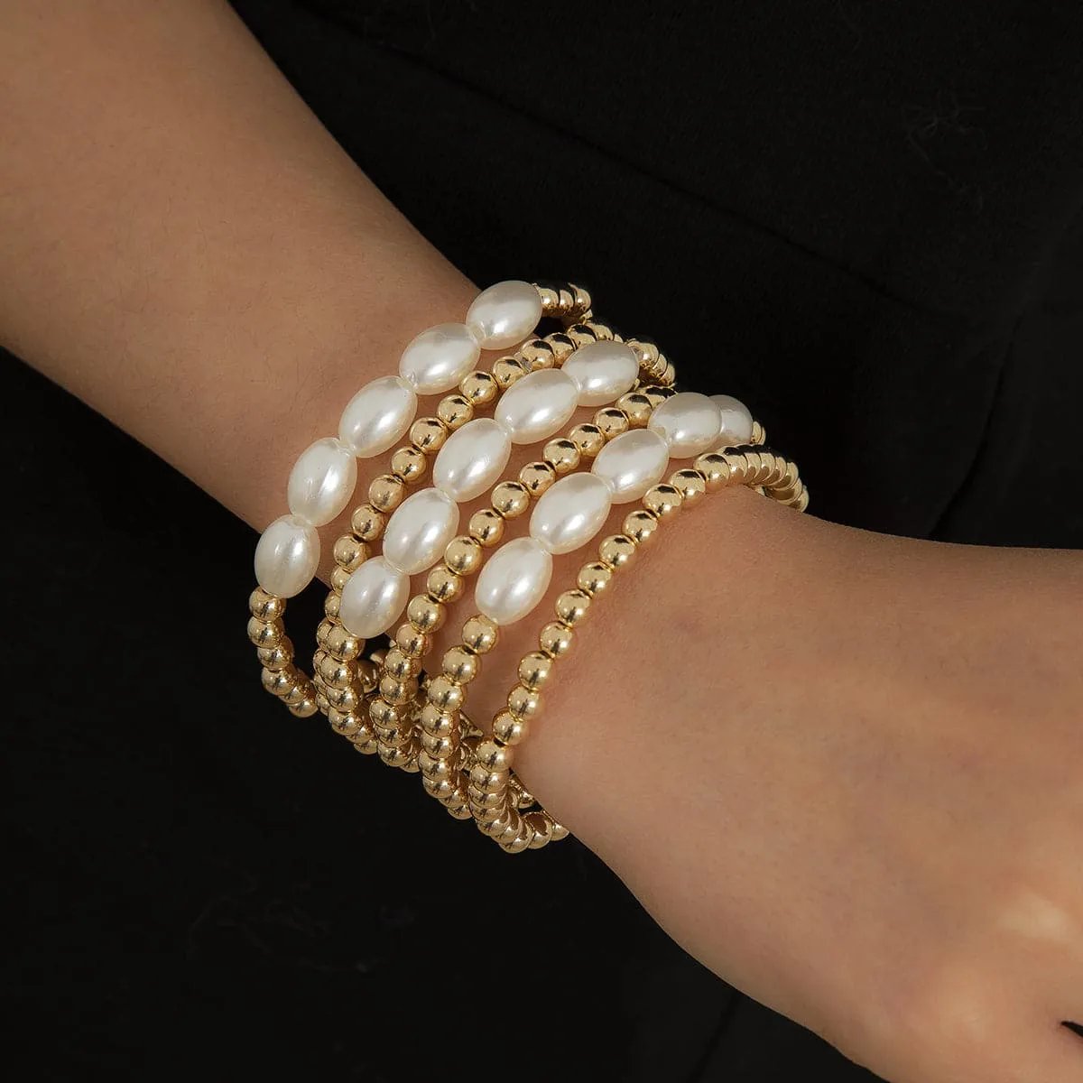 Pearl & 18K Gold Plated Beaded Stretch Bracelet Set