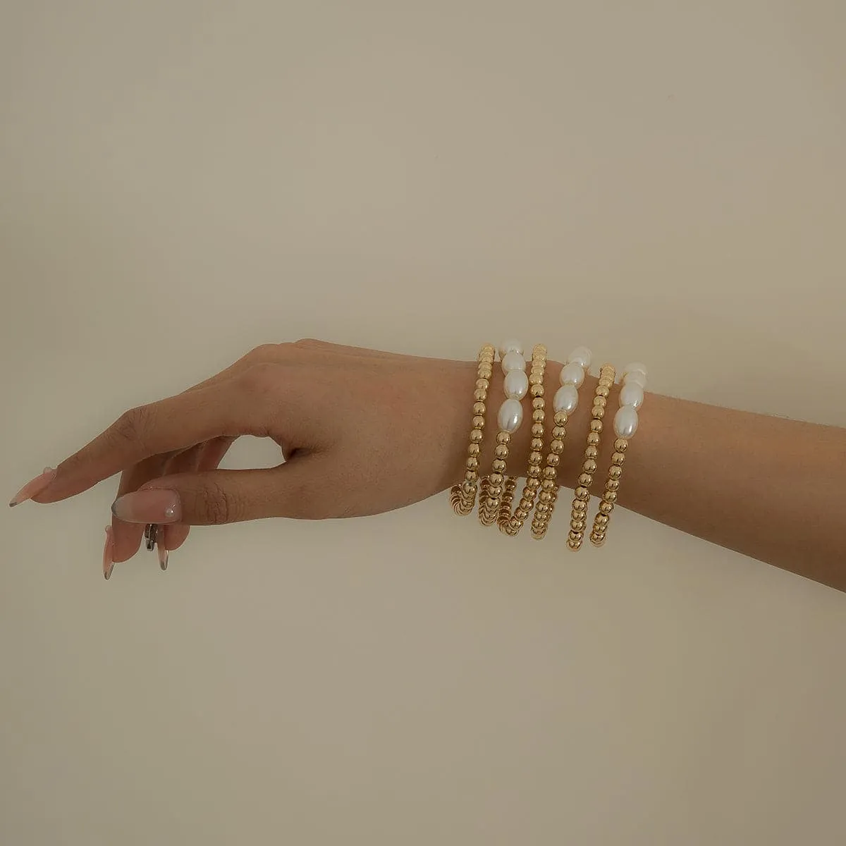 Pearl & 18K Gold Plated Beaded Stretch Bracelet Set