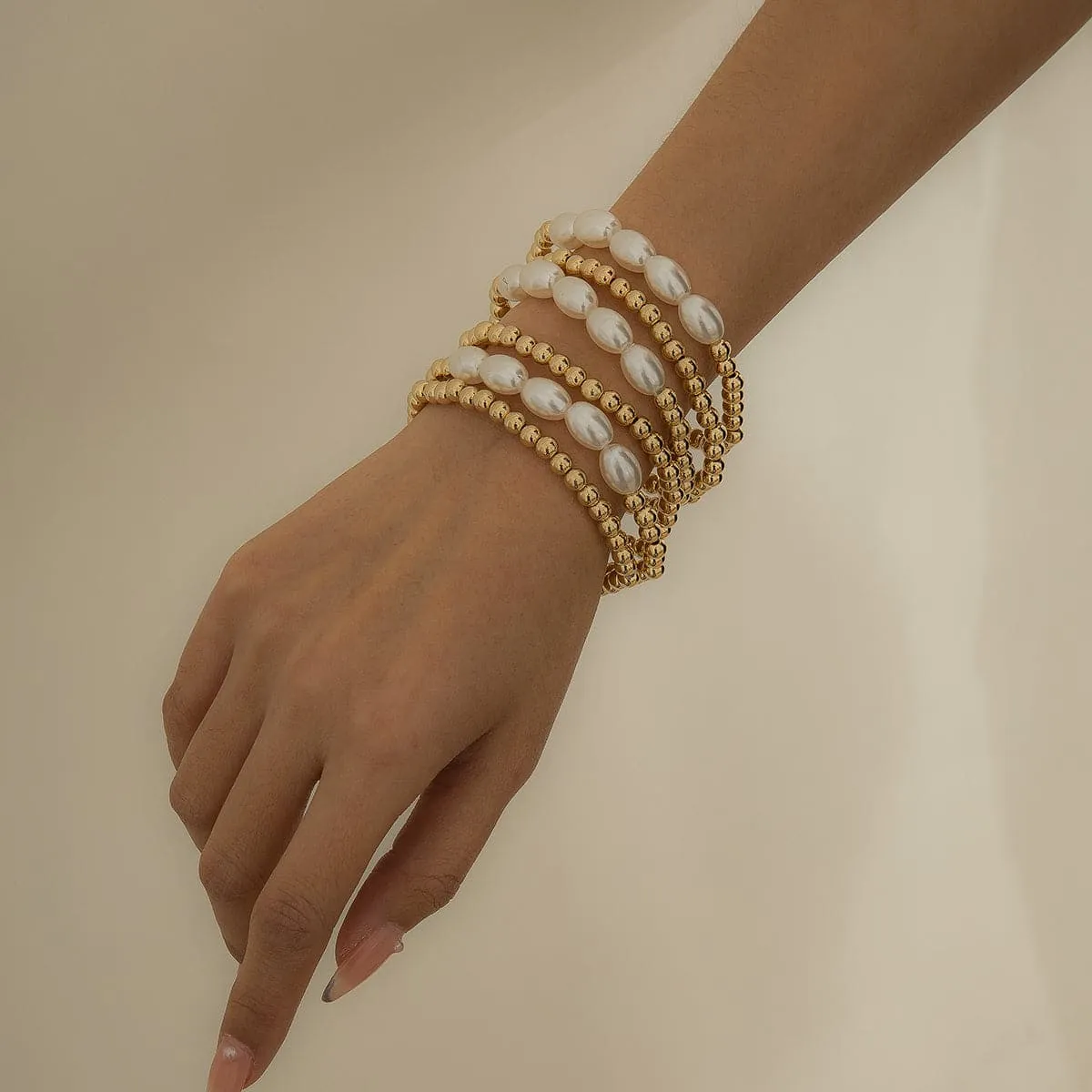 Pearl & 18K Gold Plated Beaded Stretch Bracelet Set