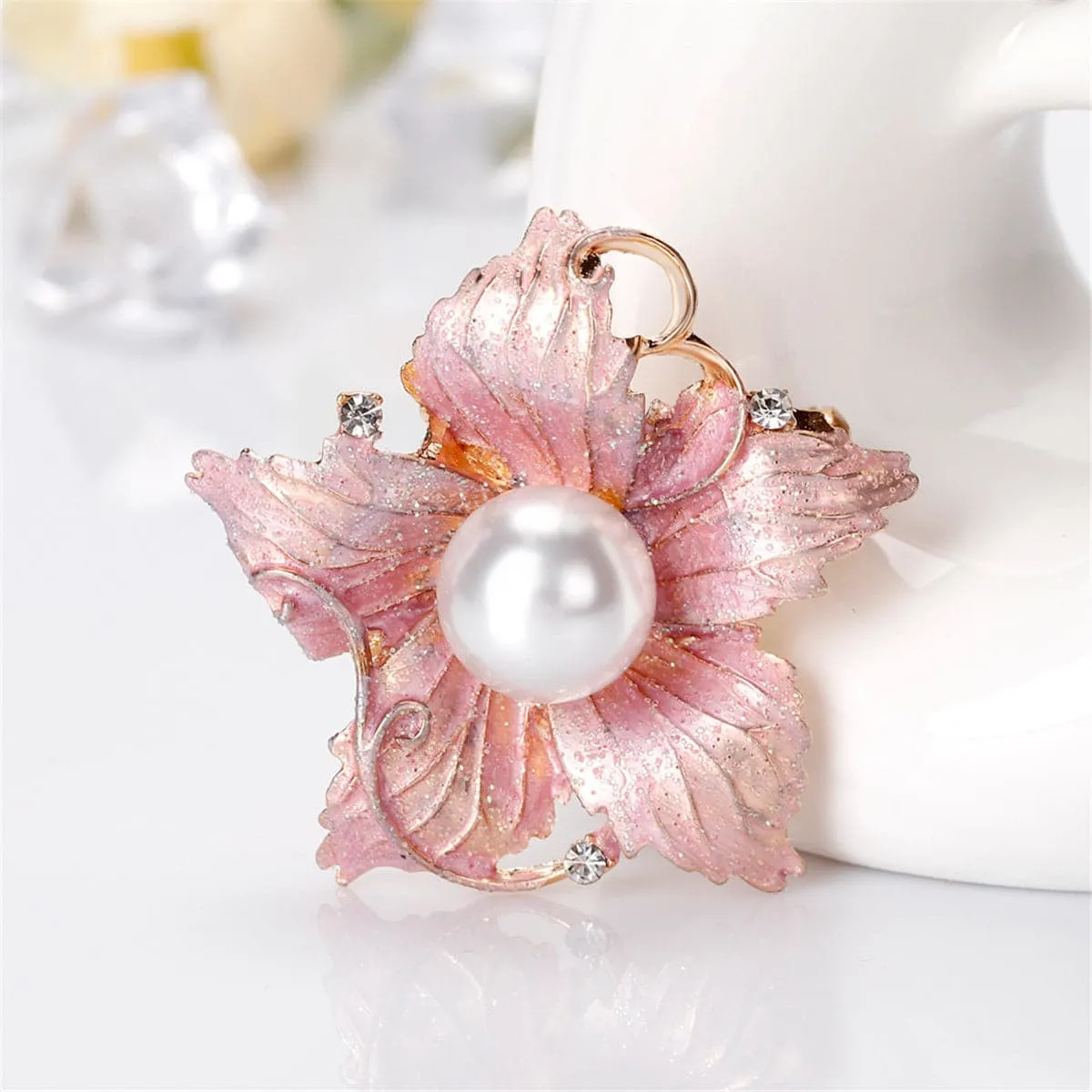Pearl & Cubic Zirconia Enamel 18k Gold-Plated Flower Brooch