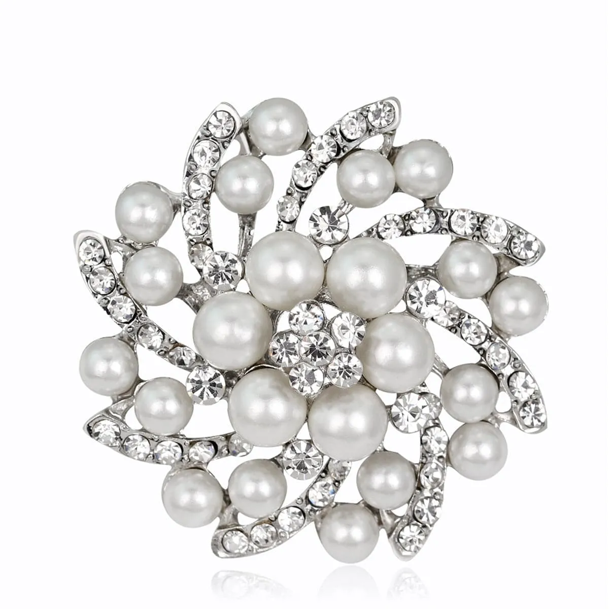 Pearl & Cubic Zirconia Silver-Plated Floral Brooch