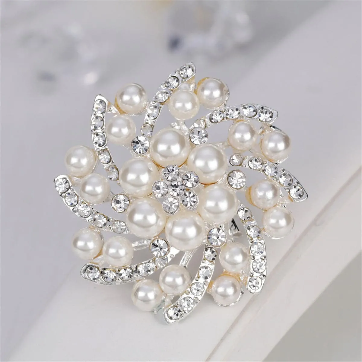 Pearl & Cubic Zirconia Silver-Plated Floral Brooch
