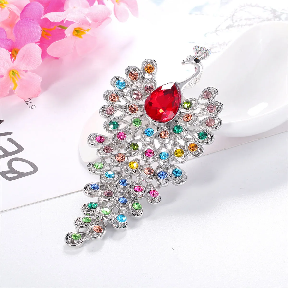 Pink & Multicolor Cubic Zirconia & Silver-Plated Peacock Brooch