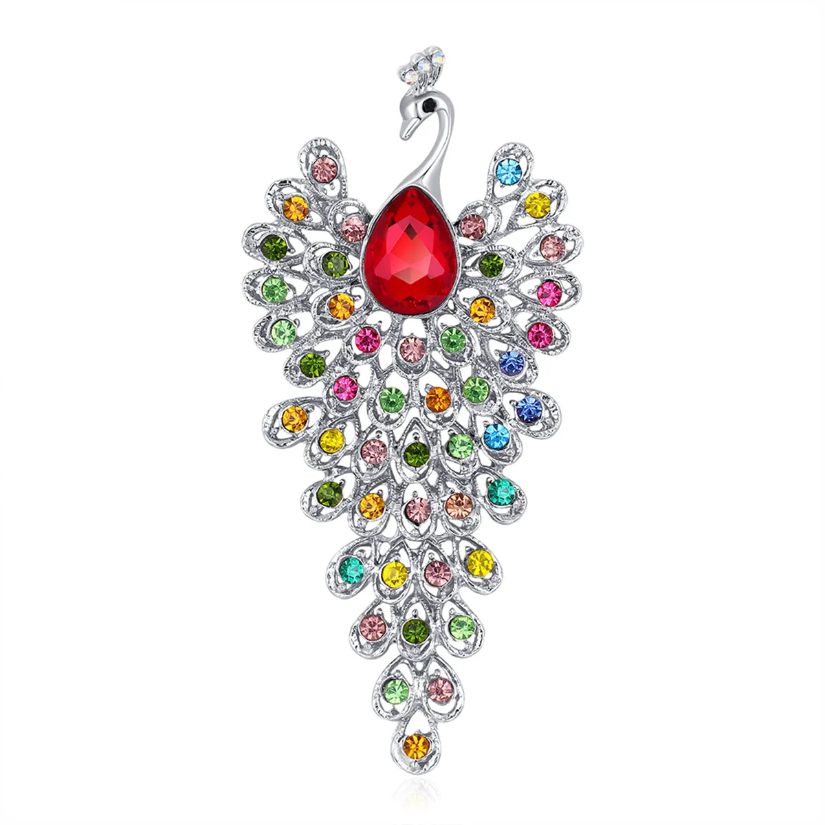 Pink & Multicolor Cubic Zirconia & Silver-Plated Peacock Brooch