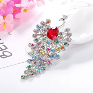 Pink & Multicolor Cubic Zirconia & Silver-Plated Peacock Brooch