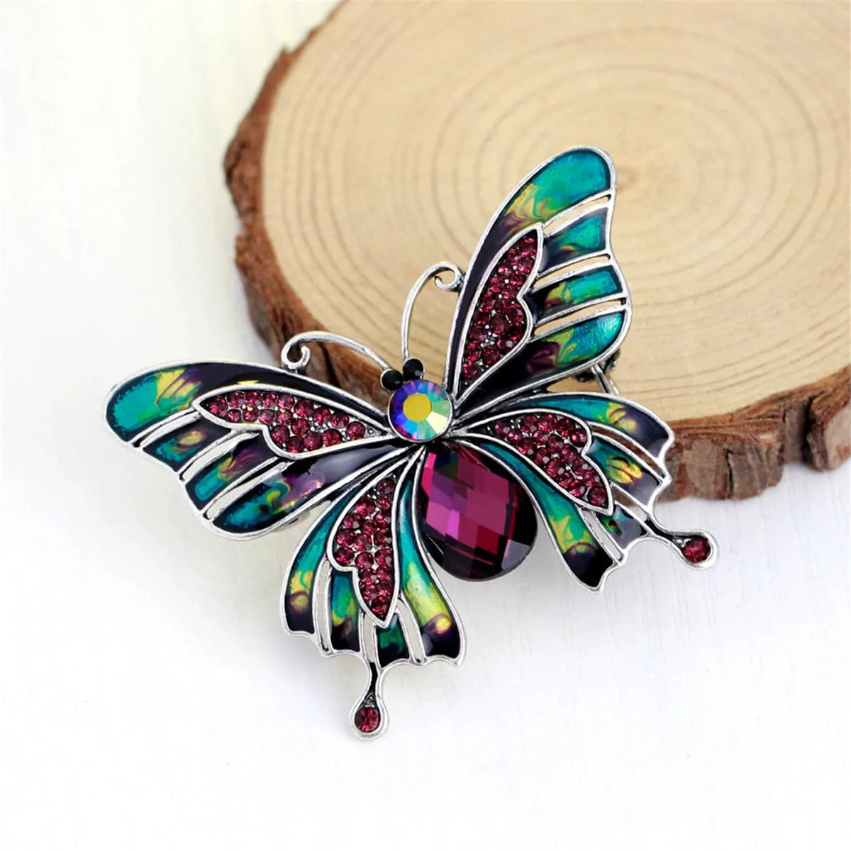 Pink & Teal Cubic Zirconia & Crystal Butterfly Brooch
