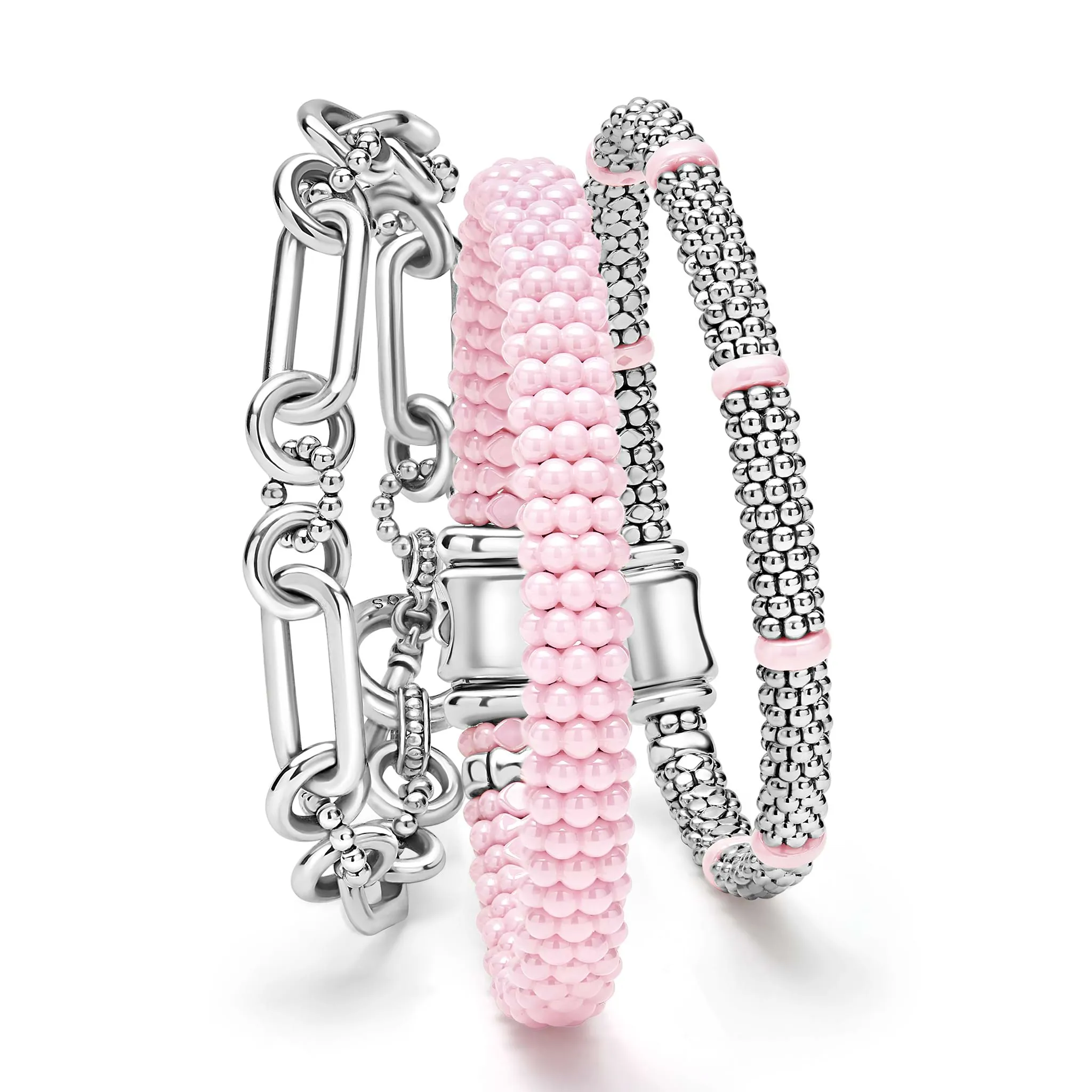 Pink Caviar Sterling Silver and Pink Ceramic Caviar Beaded Bracelet Gift Set