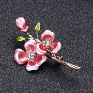 Pink Enamel & Cubic Zirconia Wintersweet Brooch