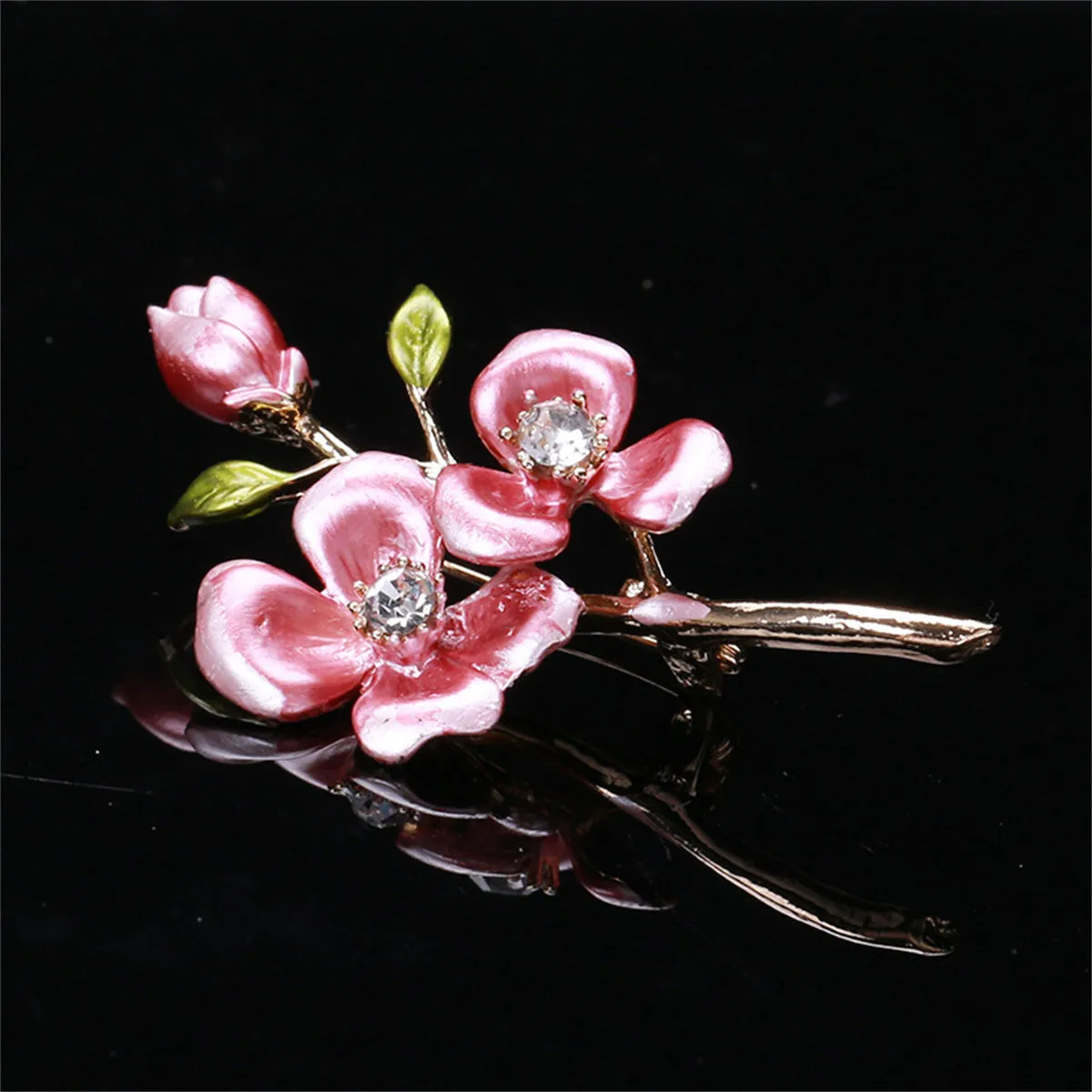 Pink Enamel & Cubic Zirconia Wintersweet Brooch
