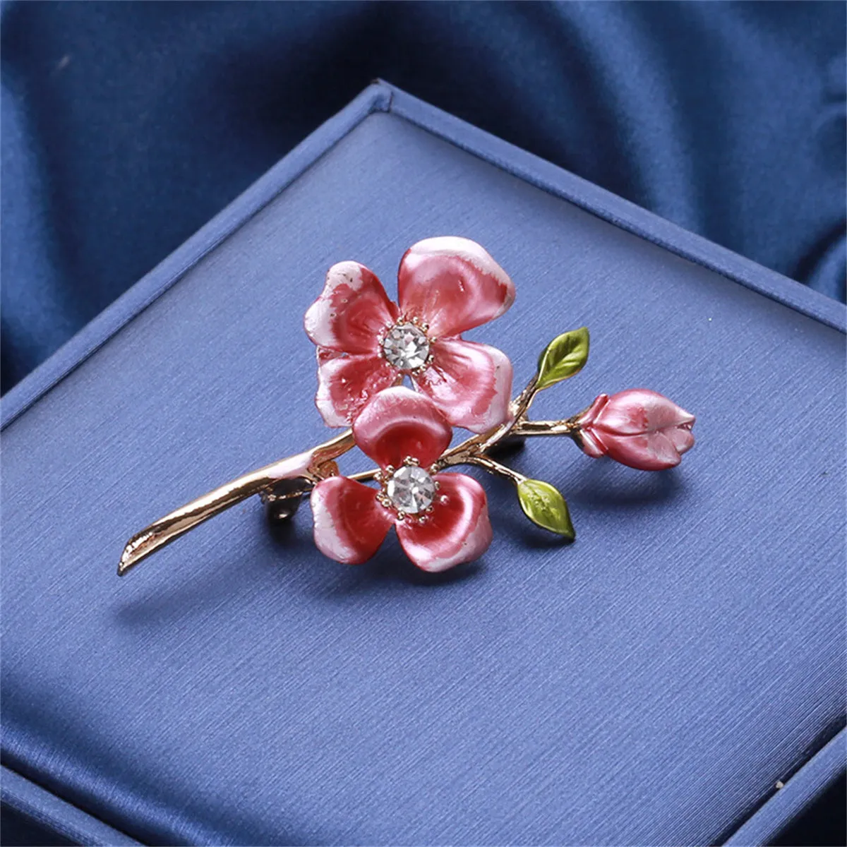Pink Enamel & Cubic Zirconia Wintersweet Brooch