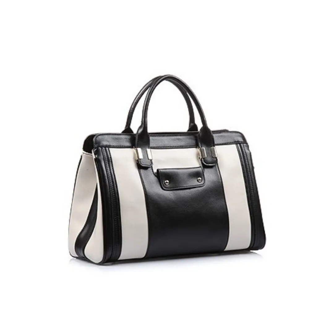 Pippa Authentic Leather Satchel Bag - Black Beige