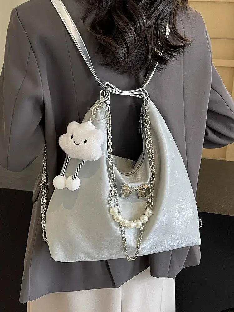 Plush Decorative Pearl Chain Tote Bag