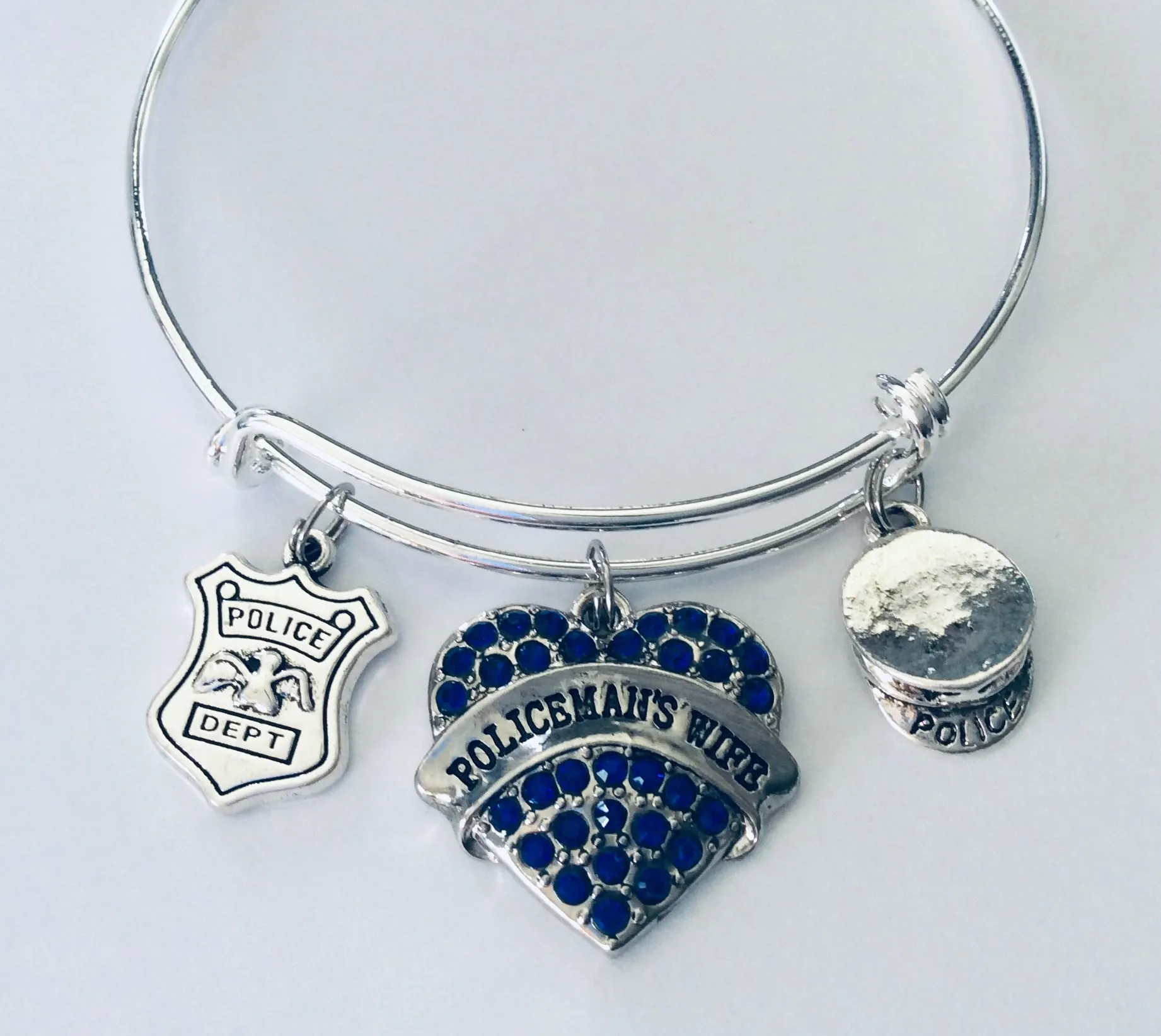 Policeman's Wife Adjustable Bracelet Police Officer Wife Expandable Wire Bangle Gift Police Hat Police Badge Blue Crystals