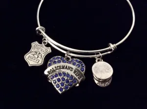 Policeman's Wife Adjustable Bracelet Police Officer Wife Expandable Wire Bangle Gift Police Hat Police Badge Blue Crystals