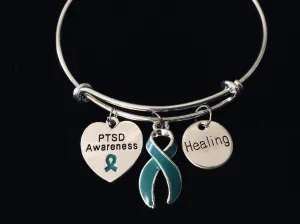 PTSD Awareness Expandable Charm Bracelet Teal Ribbon Healing Jewelry Adjustable Silver Bangle One Size Fits All Gift Post Traumatic Stress Disorder Jewelry