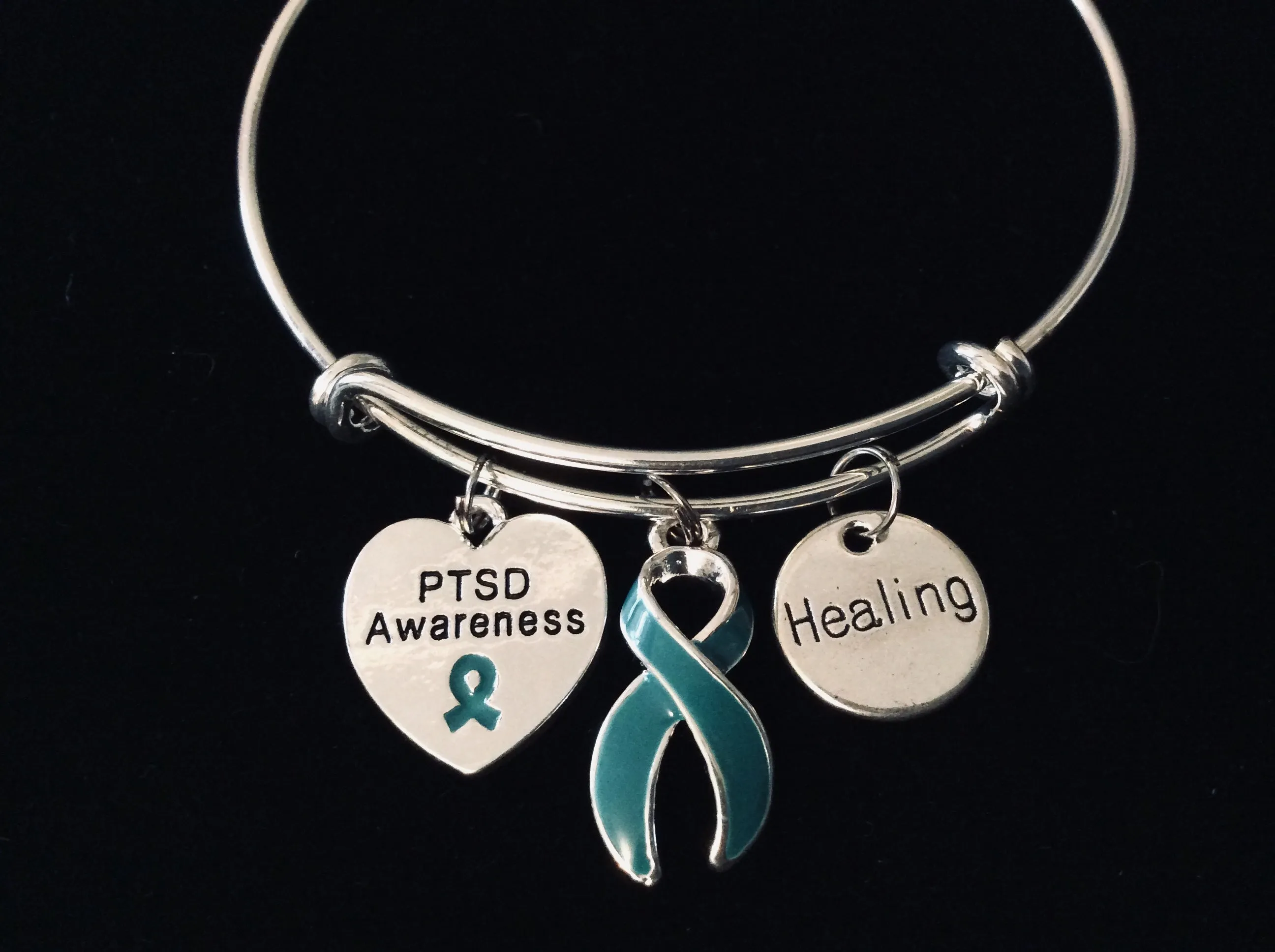 PTSD Awareness Expandable Charm Bracelet Teal Ribbon Healing Jewelry Adjustable Silver Bangle One Size Fits All Gift Post Traumatic Stress Disorder Jewelry