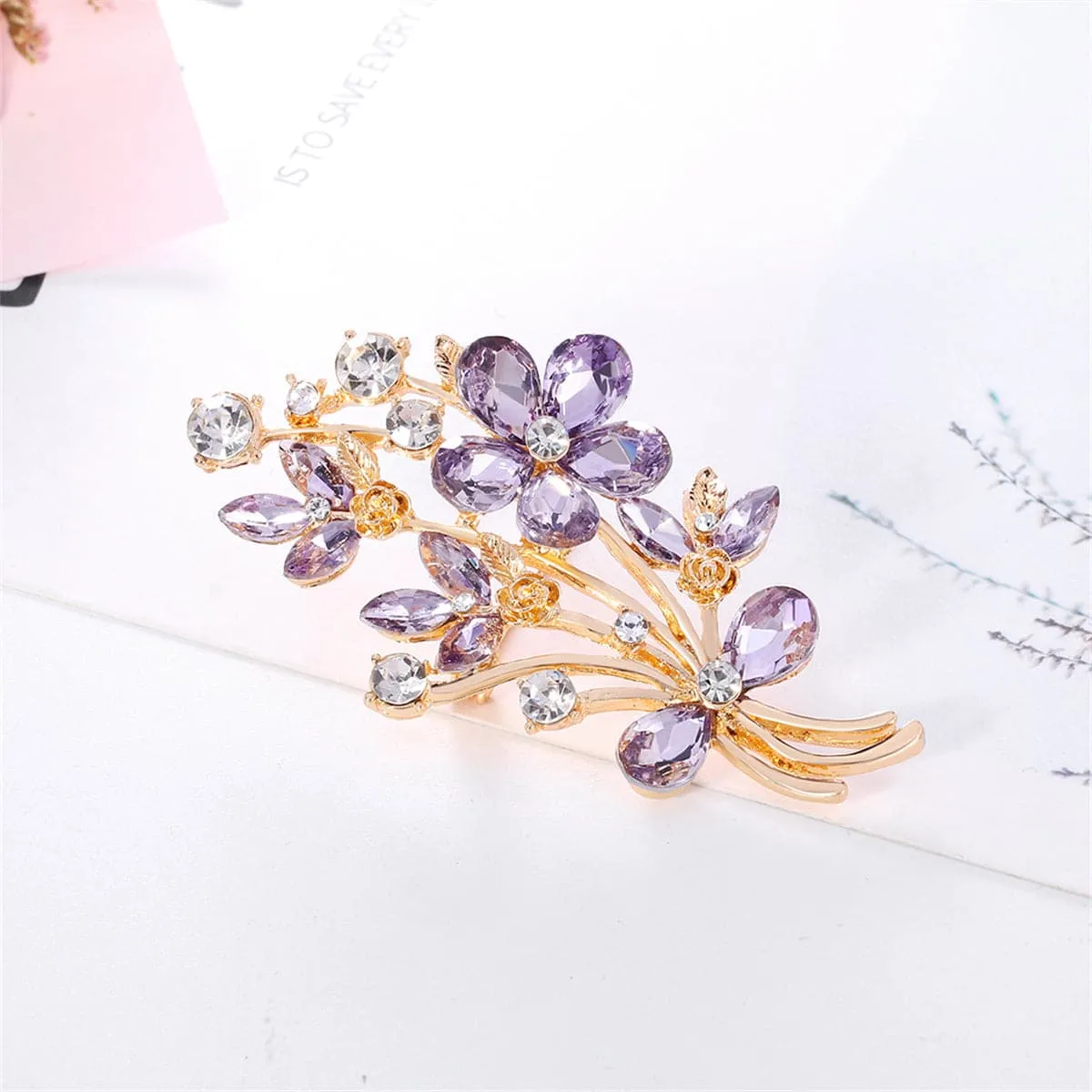 Purple Crystal & Cubic Zirconia 18K Gold-Plated Flower Brooch