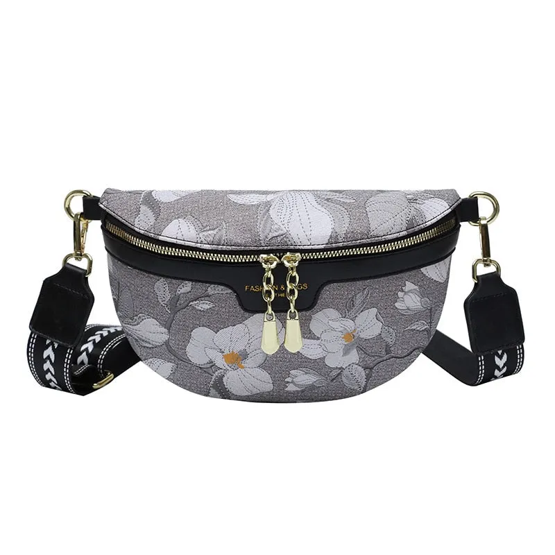 Realaiot Elegant Flower Printed PU Leather Waist Bags For Women Chain Zipper Waist Pack Female Fanny Pack Wide Strap Crossbody Chest Bag