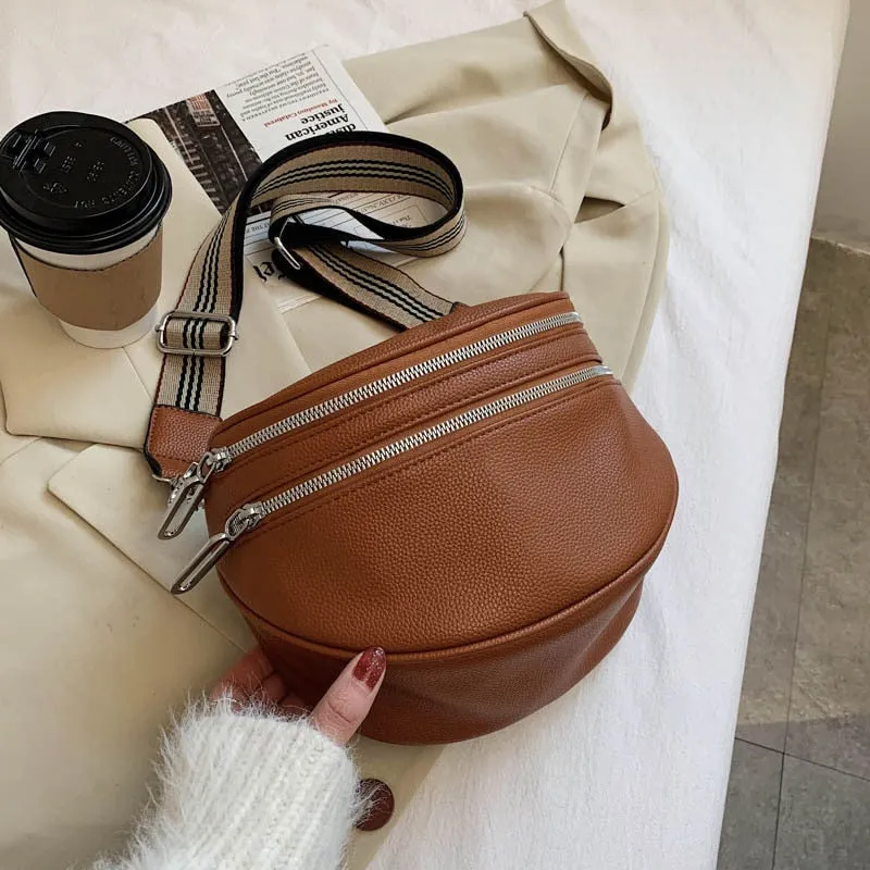 Realaiot Elegant Solid Colour PU Leather Waist Bags For Women Double Zippers Design Waist Pack Female Fanny Pack Wide Strap Crossbody Bag