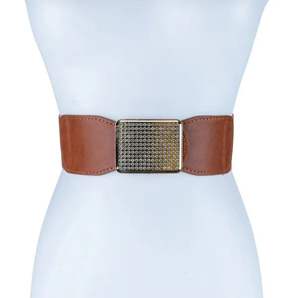 RECTANGLE RHINESTONE SMOCKED LEATHER BELT