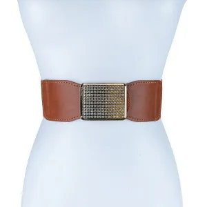 RECTANGLE RHINESTONE SMOCKED LEATHER BELT