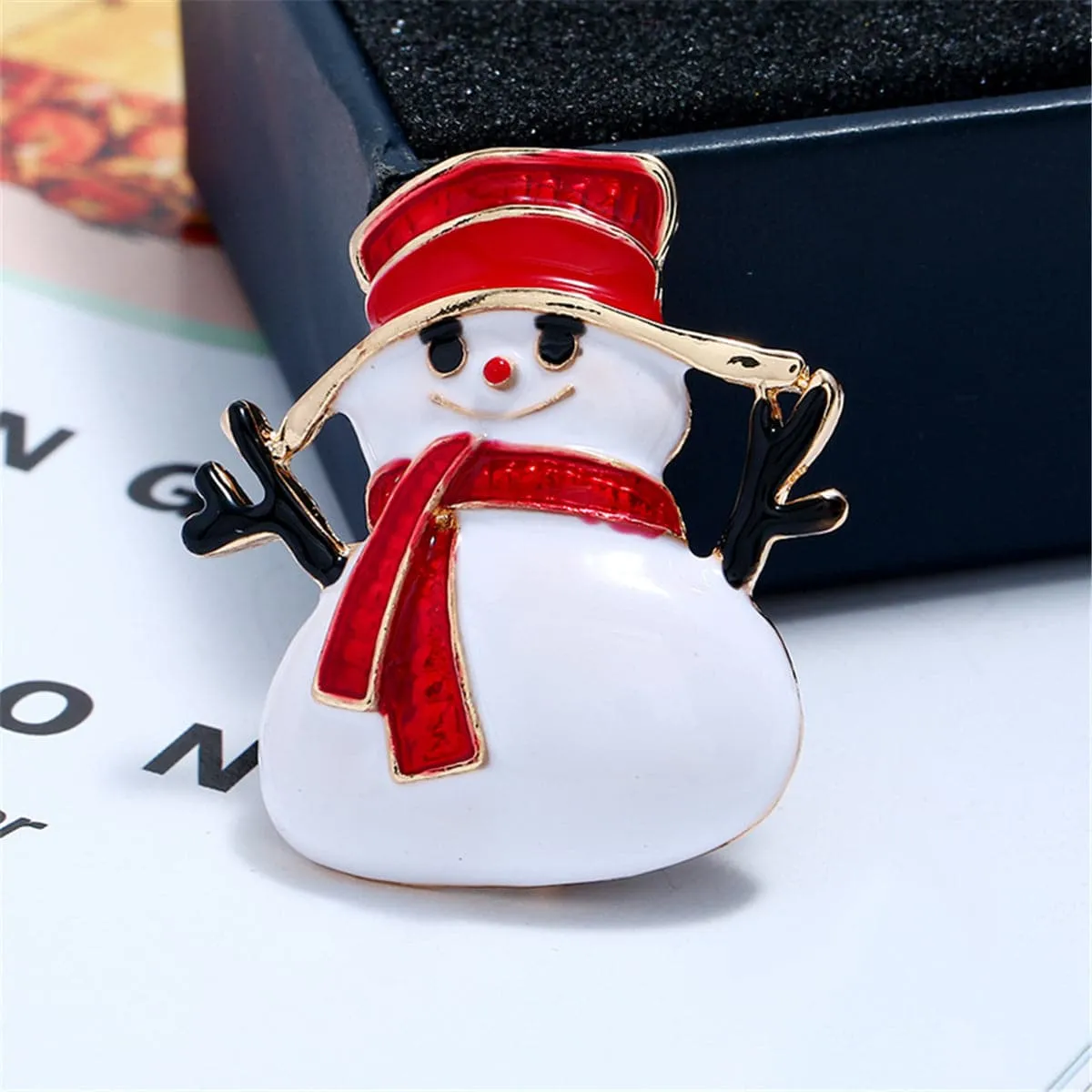 Red & 18K Gold-Plated Snowman Brooch