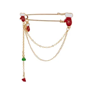 Red & Green Crystal Mittens Chain Pin Brooch