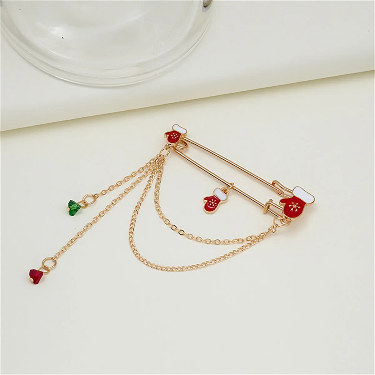 Red & Green Crystal Mittens Chain Pin Brooch
