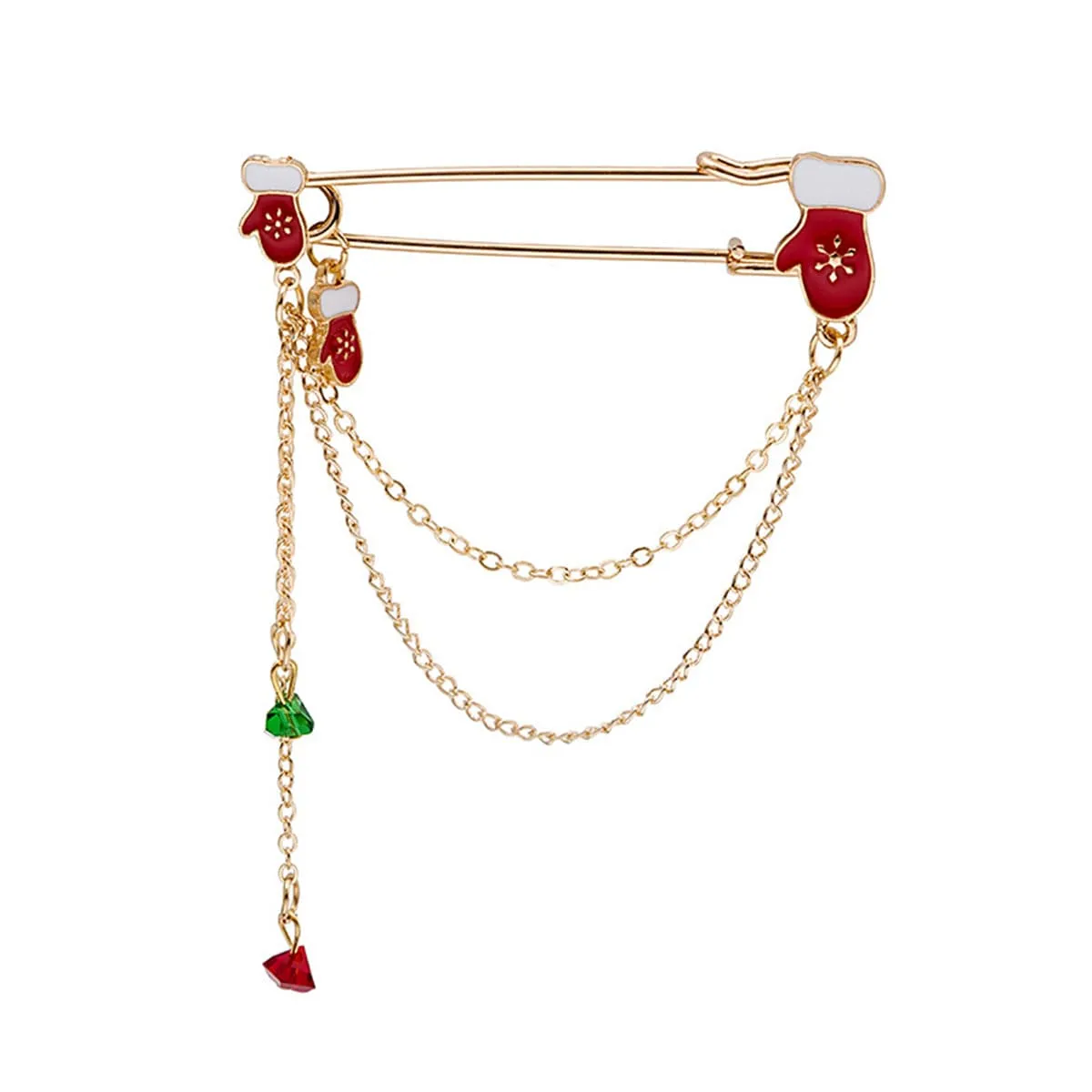Red & Green Crystal Mittens Chain Pin Brooch