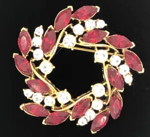 Red & White Crystal Wreath Pin