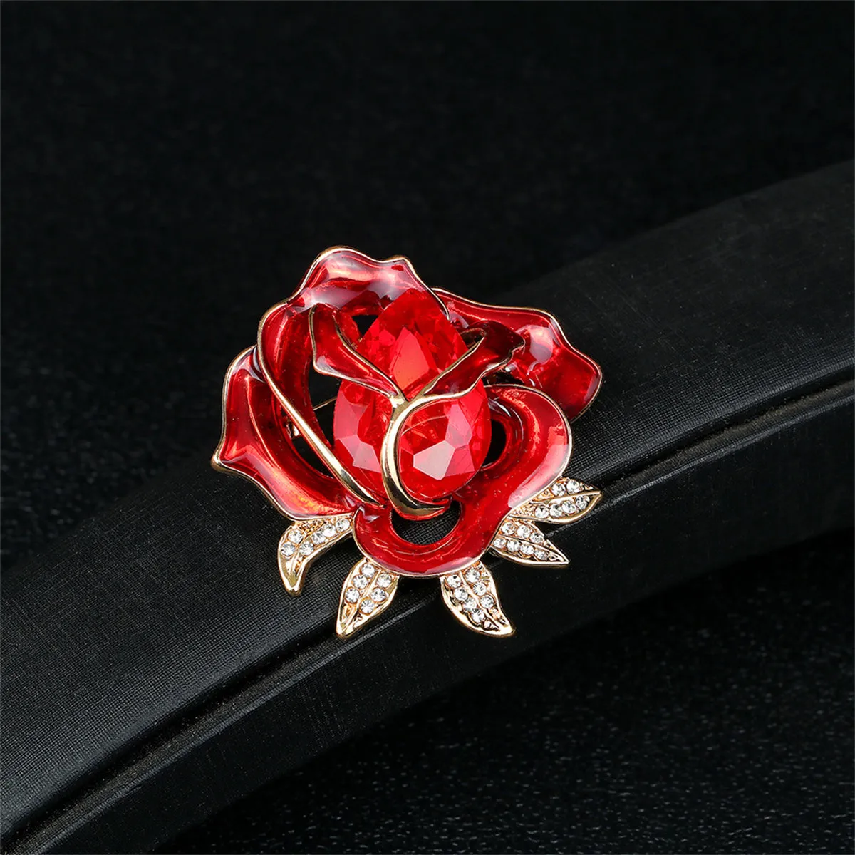 Red Crystal & Cubic Zirconia 18K Gold-Plated Rose Brooch
