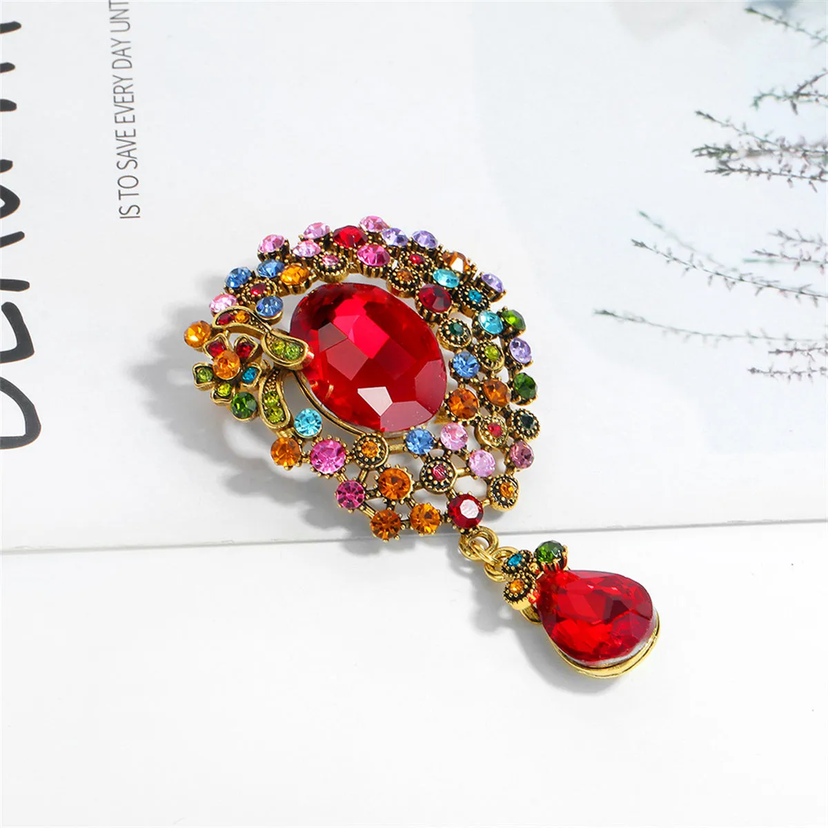 Red Crystal & Cubic Zirconia Multicolor Oval Drop Brooch
