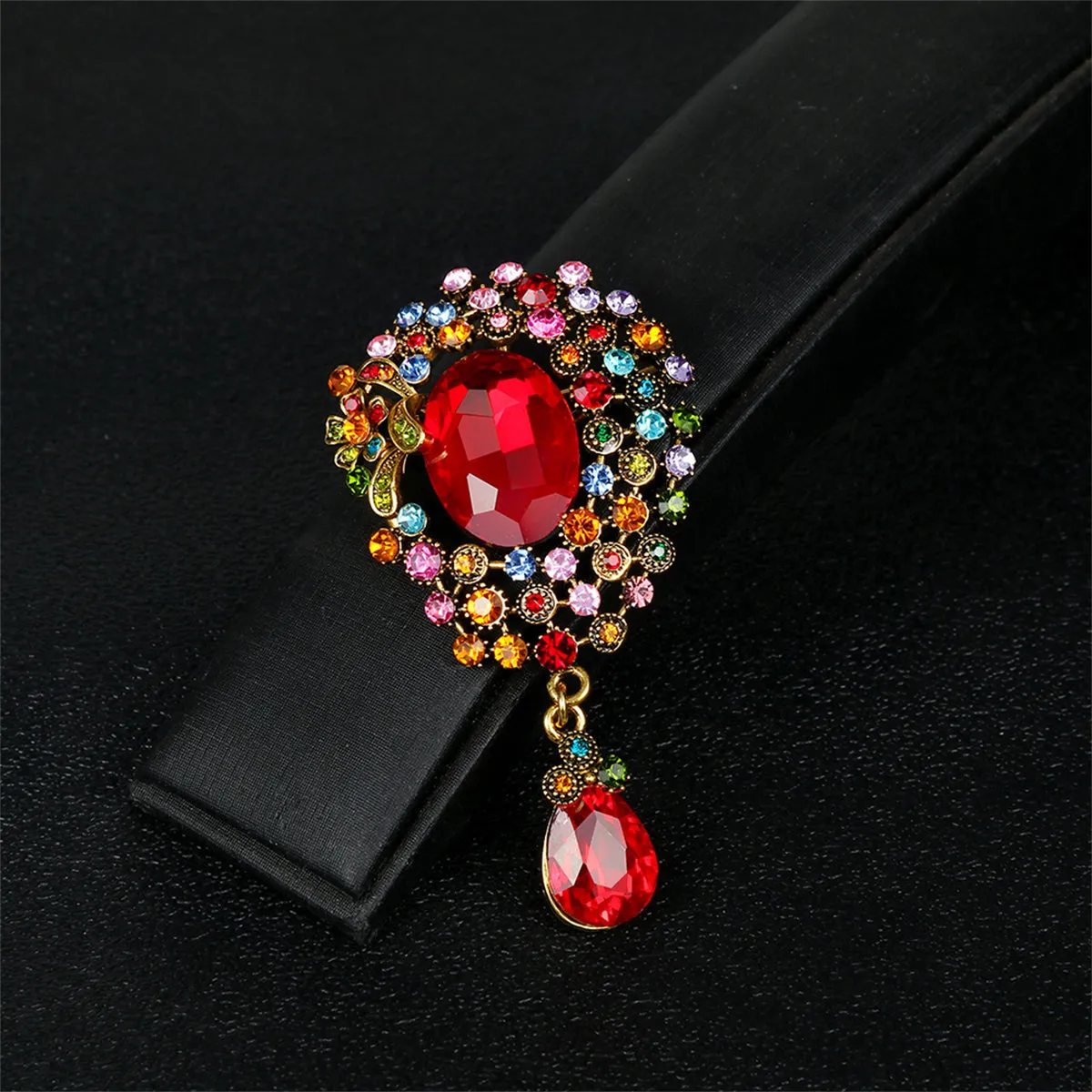 Red Crystal & Cubic Zirconia Multicolor Oval Drop Brooch