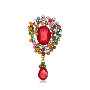 Red Crystal & Cubic Zirconia Multicolor Oval Drop Brooch