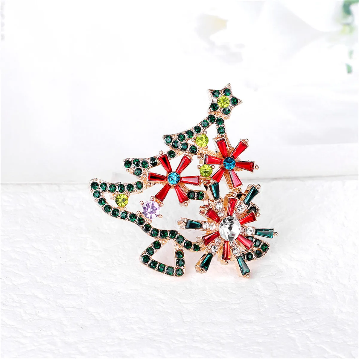 Red Crystal & Green Cubic Zirconia Open Christmas Tree Brooch