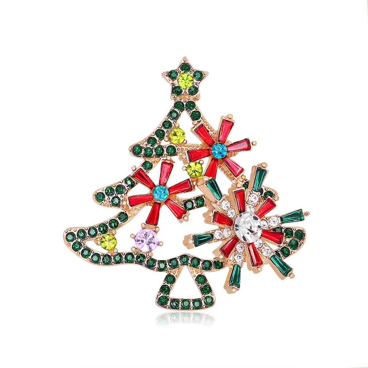 Red Crystal & Green Cubic Zirconia Open Christmas Tree Brooch