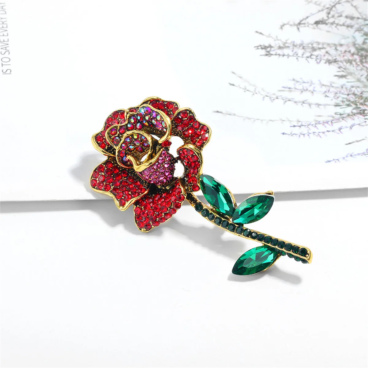 Red Cubic Zirconia & Crystal 18K Gold-Plated Rose Brooch